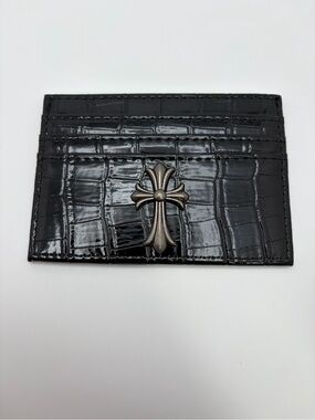 Croc-Embossed Black Card Holder with Metal Cross Accent